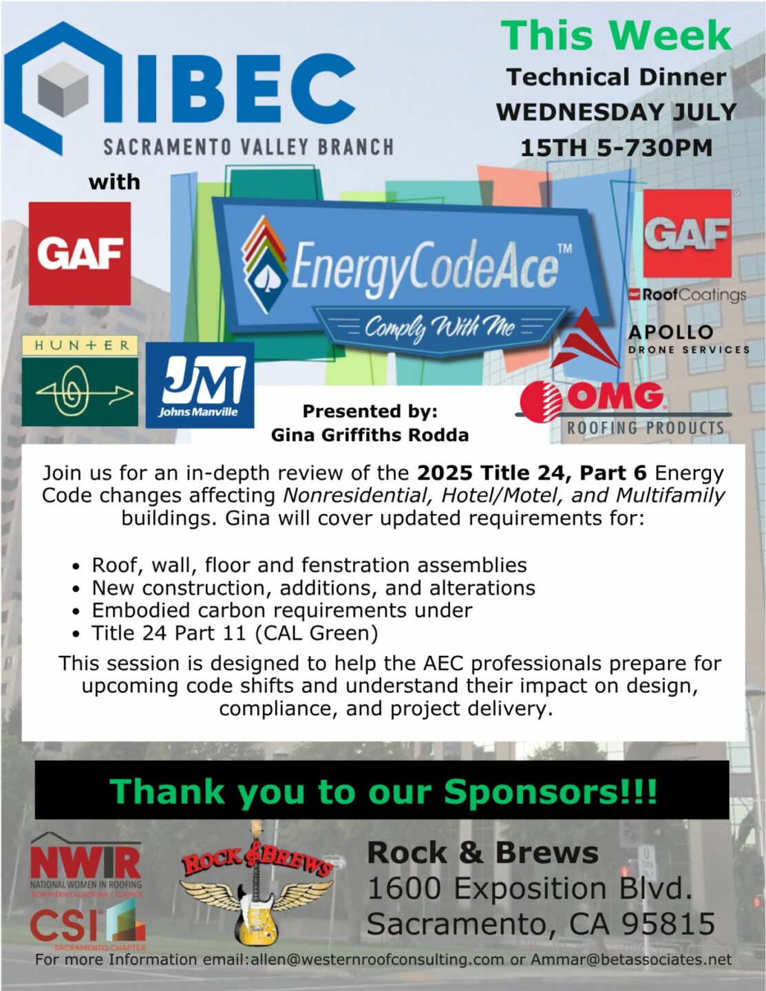 IIBEC Sacramento Valley Branch's July technical dinner banner.