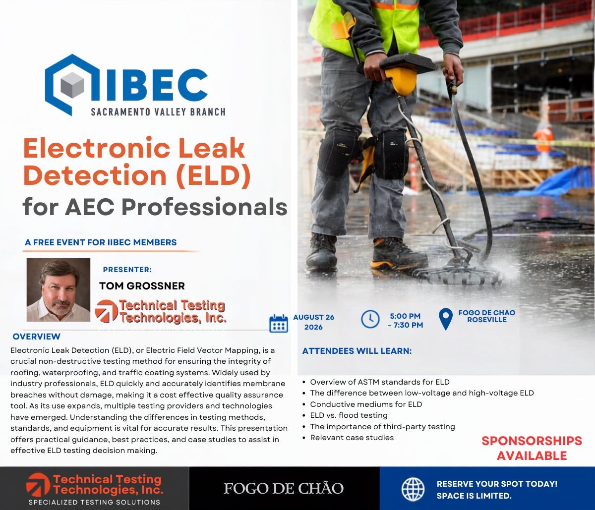 Electronic Leak Detection for AEC Professionals banner, presented by the IIBEC Sacramento Valley Chapter.