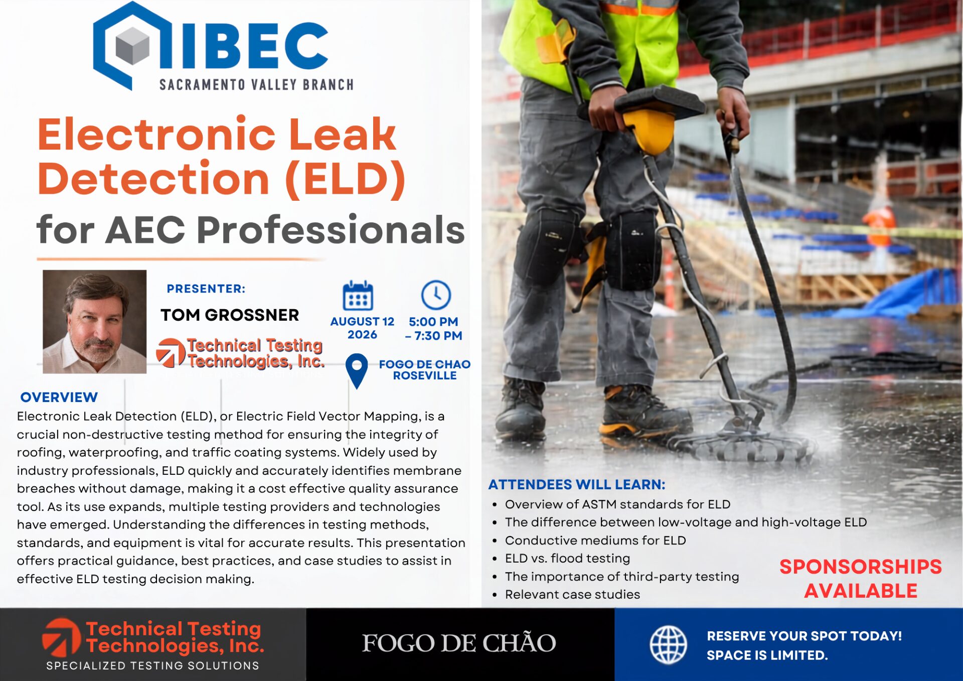 IIBEC Sacramento Valley Branch's Electronic Leak Detection technical dinner flyer.